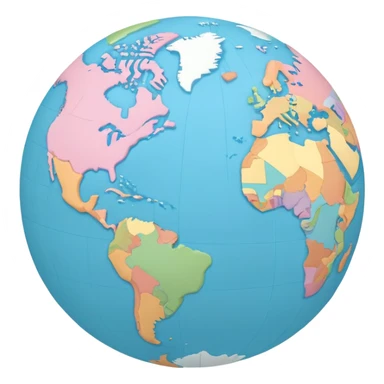 A flat-style illustration of a globe showing continents, with simple, clean details. Minimal cartoon style, white background, iOS emoji aesthetic. sticker