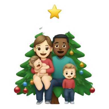 Father mother and baby around a christmas tree sticker