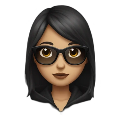 a girl with brown medium hair and with long bangs to eyes; she have a black cat in hands; she have a black square sunglasses; she's wearing a black hoodie sticker