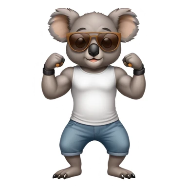 anthropomorphised koala, full body, casual clothing, dark sunglasses, flexing muscles sticker