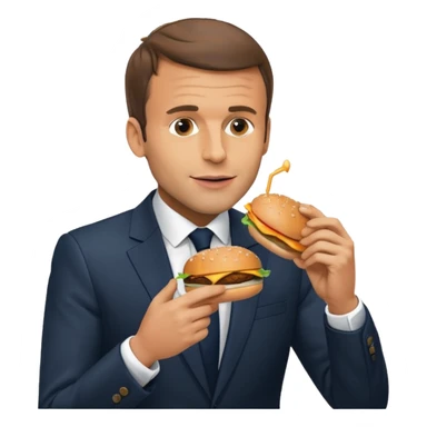 Emmanuel Macron eating a burger with a beer sticker