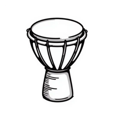 hand-drawn doodle style djembe drum, sketchy lines, black and white sticker