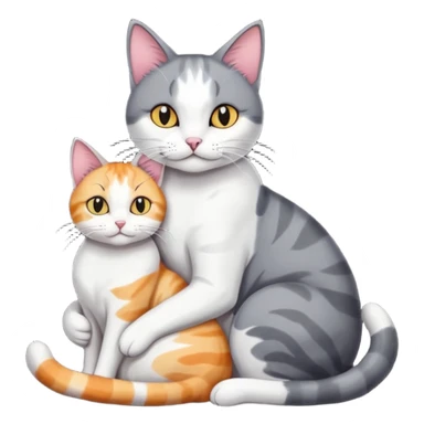 full body large dark grey and white cat cuddling a colourful light patched calico + white tabby cat  sticker