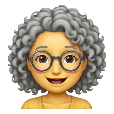 female yellow smiley face emoji, winking, glasses, no nose, grey curly hair sticker