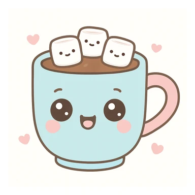 kawaii style hot chocolate mug with a cozy face, marshmallows, and a heart-shaped handle sticker