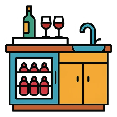 Wet bar with wine fridge and sink, modern look, wood cabinets, color outline icon style, transparent background sticker