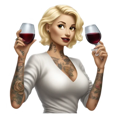 Blonde elegant women, her Body Covered with Tattoos, Wine in her One Hand, Pointing Forward with her Other Hand , Hyper realistic sticker