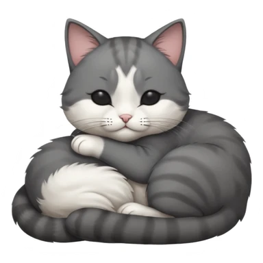 dark grey and white small cat with his eyes closed, leaning his head on his paw while leaning on his elbow lying down sticker