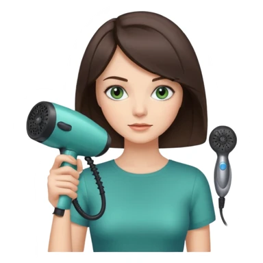 brunette bob girl hair stylist with blue green eyes holding a hair dryer sticker