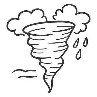 extreme weather with a tornado, hand drawn black outline icon, no fill, simple lines sticker