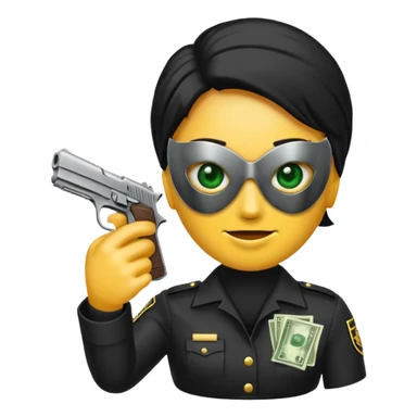 Un emoji con una mascara negra con una pistola pequeña en la mano y que en la otra mano tenga una paca de billetes sticker