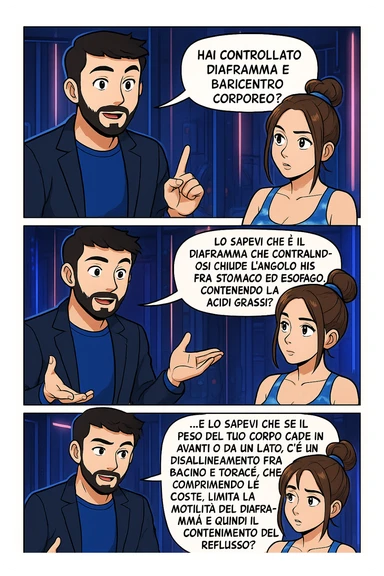 TRASFORMA QUESTO CAROSELLO IN UN FUMETTO STILE WEBTOON/MANGA A COLORI CON QUESTE DUE PERSONE IDENTICHE CHE INTERLOQUISCONO TRA LORO, L'uomo sta spiegando alla donna questo concetto:

LUI (UOMO): Hai controllato diaframma e baricentro corporeo?
LUI (UOMO): Lo sapevi che è il diaframma che contraendosi chiude l’angolo his fra stomaco ed esofago, contenendo la risalita degli acidi grassi?
LUI (UOMO): …e lo sapevi che se il peso del tuo corpo cade in avanti o da un lato, c’è un disallineamento fra bacino e torace, che comprimendo le coste, limita la motilità del diaframma e quindi il contenimento del reflusso? sticker