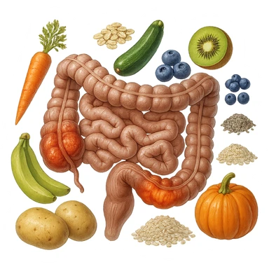 intestino umano anatomico infiammato con carota, fiocchi di avena, zucchine, kiwi, mirtilli, semi di chia, patate, banane acerbe, zucca, riso che gli fluttuano dietro, iperrealistico 4k sticker