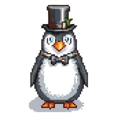 elegant penguin with monocle and top hat, pixel art style sticker