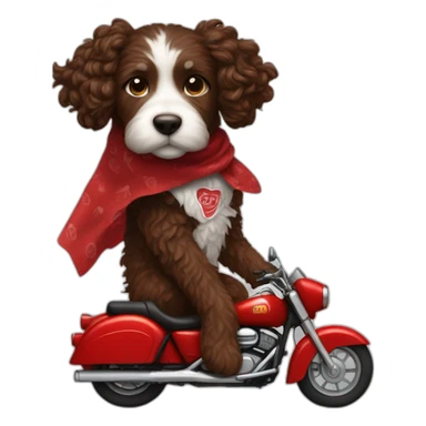 A chocolate brown doodle with wavy fur wearing a red and black handkerchief riding a motorcycle sticker