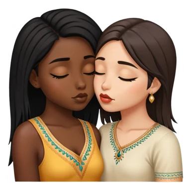 two girls kissing one short hair (black girl) one long hair (indian girl) with their eyes open  sticker