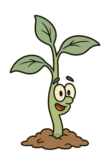 cartoon style illustration of a small young plant with a few leaves, simple and clear sticker