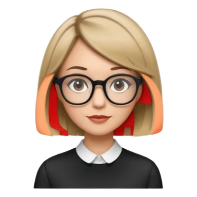woman dark blonde petite bob haircut wears dark squarish glasses, classic clothes sticker