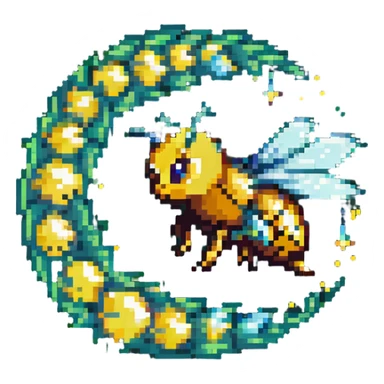a bee trailing a swirl of glowing pixie dust, pixel art style sticker