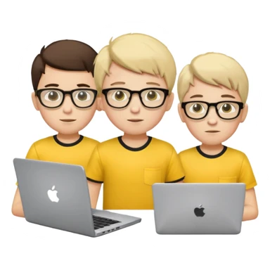 technologist using laptop coding with 2 other technologist color yellow three of it is boy  that using 3 laptop sticker