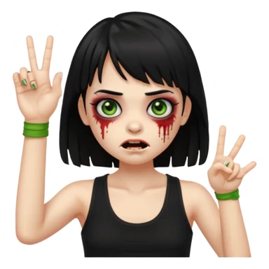Crie um emoji de zumbi garota do iphone, que tenha o cabelo preto longo, pele levemente esverdeada, de cumprimento no peito, que tenha uma franja no tamanho da sobrancelha, com os olhos escuros e que use uma regata preta sticker
