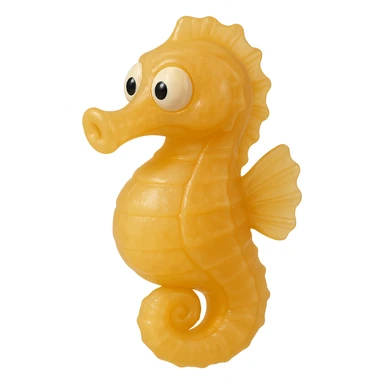 hyper-detailed retro 90's toy style seahorse, very transparent, natural yellow-orange, soft plastic, derpy eyes, soft reflections, soft and squishy, some cloudiness, not shiny, highly detailed, appealing, no tag, no background sticker