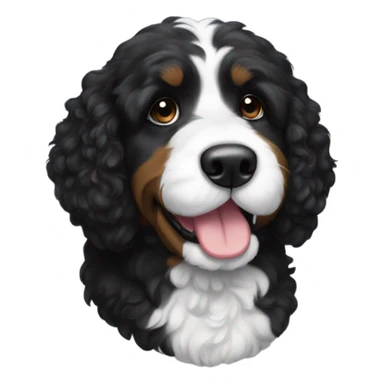 A black bernadoodle breed dog. Black with a tuxedo-like white neck sticker