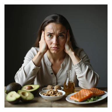 realistic scene of a confused woman in front of a table with avocado, olive oil, walnuts, and salmon, hyperrealistic details, 4K resolution, suggesting she does not know about good fats sticker