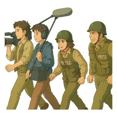 a flim crew, walking from left to right across frame: a cameraman, and a microphone operator, two people, war correspondents, tense moment sticker
