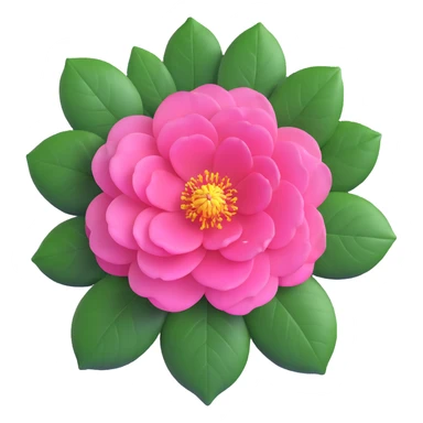 Detailed pink camellia flower with perfectly arranged petals and shiny dark green leaves sticker