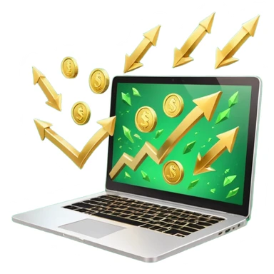 3D laptop icon with gold coins flying out of screen, green color (#0B3D2C), gold accents (#C9B037), upward arrows, glossy modern style, transparent background sticker