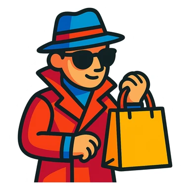 mystery shopper character holding a shopping bag, wearing sunglasses and a hat, vibrant toon style sticker
