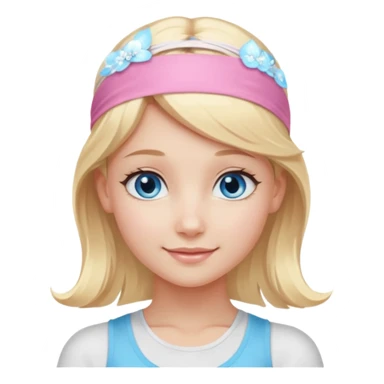 close-up of a beautiful angelic blonde girl's face, gentle smile, sparkling eyes, light pink yoga headband sticker