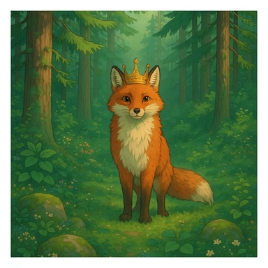 red fox with a crown in a Scandinavian forest, lush greenery, magical atmosphere, soft lighting, Ghibli style sticker
