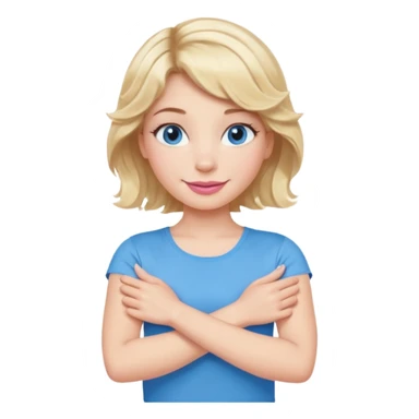 Girl Blonde short wavy hair,  blue eyes, cute blue top, long lashes, pink lips, smiling, making cross arms with arms  sticker