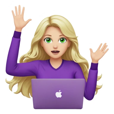 lady with long wavy blonde hair, purple top, green eyes, throwing her with a purple mac laptop hands in the air screaming sticker