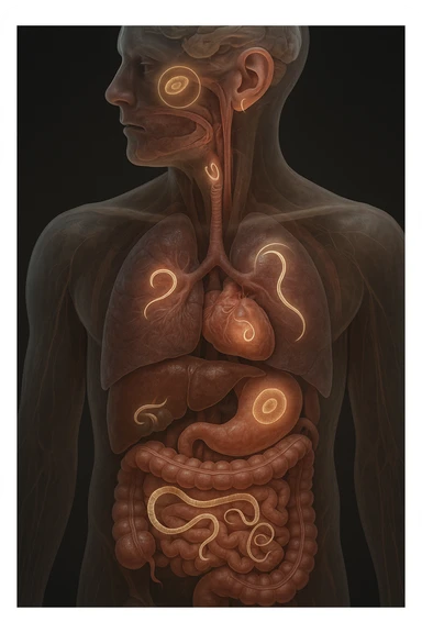 Vertical, hyper-realistic 3D cutaway illustration: the human body is shown in semi-transparent layers, exposing various types of parasites (tapeworms, roundworms, protozoa) inside the digestive tract and other organs. The parasites are rendered in vivid detail, with realistic lighting and shadows. Key areas of infection are highlighted sticker