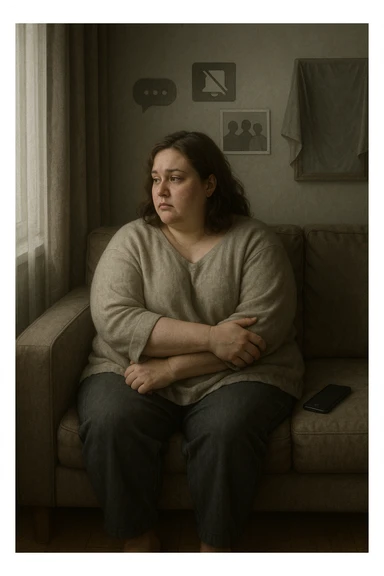 Donna tra i 30 e i 40 anni seduta sola su un divano, con espressione malinconica e corpo visibilmente appesantito. Indossa abiti larghi, avvolgenti, e guarda fuori dalla finestra mentre il telefono è spento o con notifiche ignorate accanto a lei. Sullo sfondo, si notano segnali di vita sociale assente: messaggi non letti, inviti ignorati, foto di gruppo a cui non partecipa. L’atmosfera è silenziosa, con luce grigia e ambiente spento. Intorno a lei, simboli di ritiro e insicurezza: tende chiuse, specchio coperto, postura chiusa. Stile realistico, tono delicato ed emotivo sticker