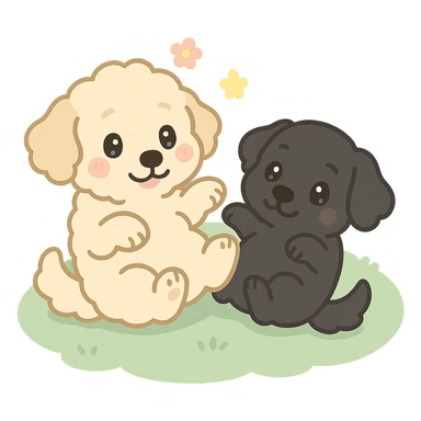 large light cream colored goldendoodle and small black golden retriever, chibi style, rolling on the grass together sticker