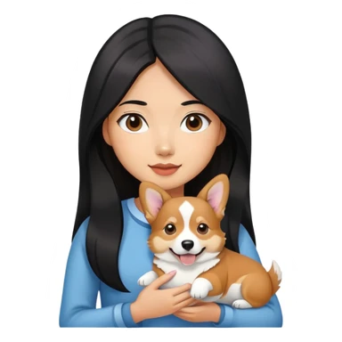 Asian girl with long black hair holding her corgi dark brown and white color sticker