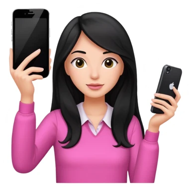 black long haired woman with pink blouse holding her phone having selfie sticker
