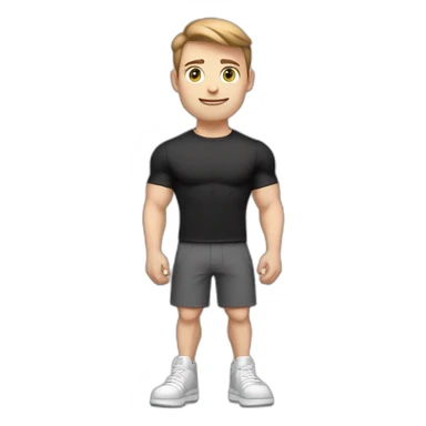 Pale skinned Fit Man With the biceps and light brown hair in black shirt, gray sports shorts and white Sneakers Writing text on the flipchart sticker