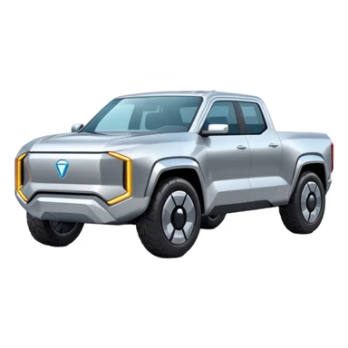 A futuristic electric pickup truck emoji, silver chrome body, angular cyber design, smooth metallic panels, subtle reflections, minimalistic proportions, iOS emoji style, centered composition, clean white background, soft lighting sticker