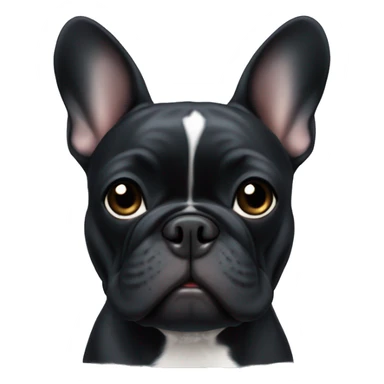 An all-black French bulldog with a white breast sticker