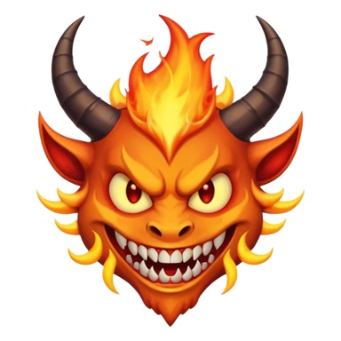 Create a dark-themed emoji of a demonic face with sharp, curved horns, glowing white eyes, an evil grin with large pointed fangs, and abstract flame-like patterns around the face. The background should be pure black. sticker