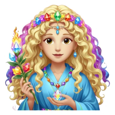 a being made of light pleidian nordic long faces and curly huge thick blond hair but beautiful features of light wearing jewels and a rainbow halo like a saint arount her a robe on made of light and gem  transparent belly dancer and who is lanky holding a bouquet of crystal flowers on rainbow fire sticker