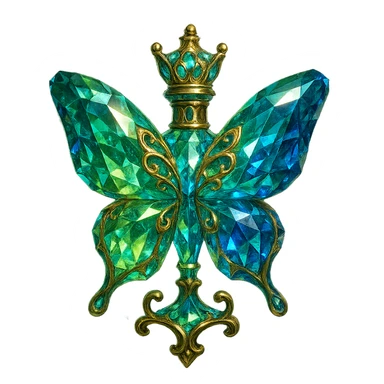 luxurious crystal butterfly-shaped bottle with short neck and crown, green (#c0ff53) and blue colors, many glowing facets, ornaments, magical effects, golden details, transparent background, beautiful connected base, floating in air, no ground or shadow, very similar to original sticker