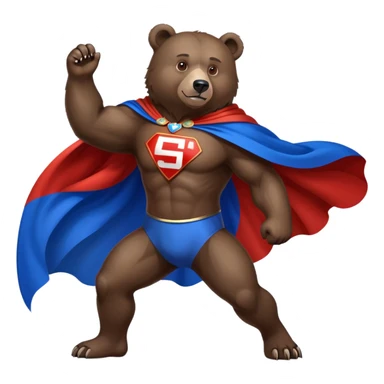 Medium-dark brown bear on four legs with Russian flag as a flowing cape, white, blue and red cloth draped over its back like a superhero cape sticker