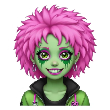 girl, green zombie,pink afro, long, emo, shaggy, dark, spooky,double eyebrow dermal piercing, cute illuminous smile sticker