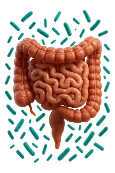 intestino umano anatomico realistico con batteri intestinali turchesi che fluttuano intorno, IPERREALISTICA 4K sticker